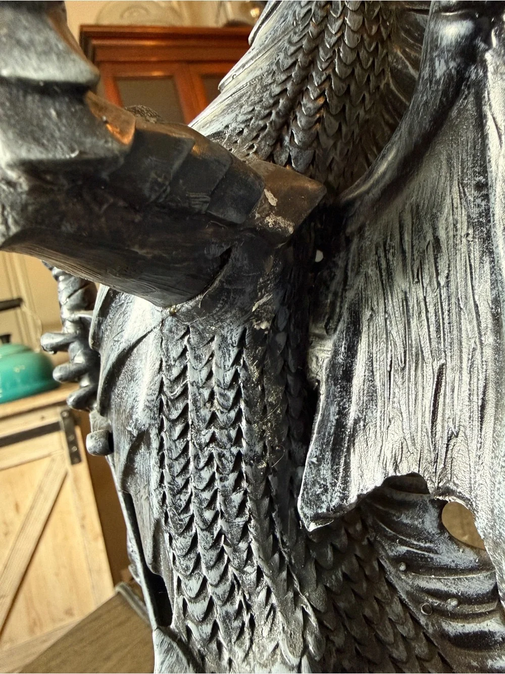 Gothic Dragon Table Lamp in Gray with Warm Globe. From early 2000's.